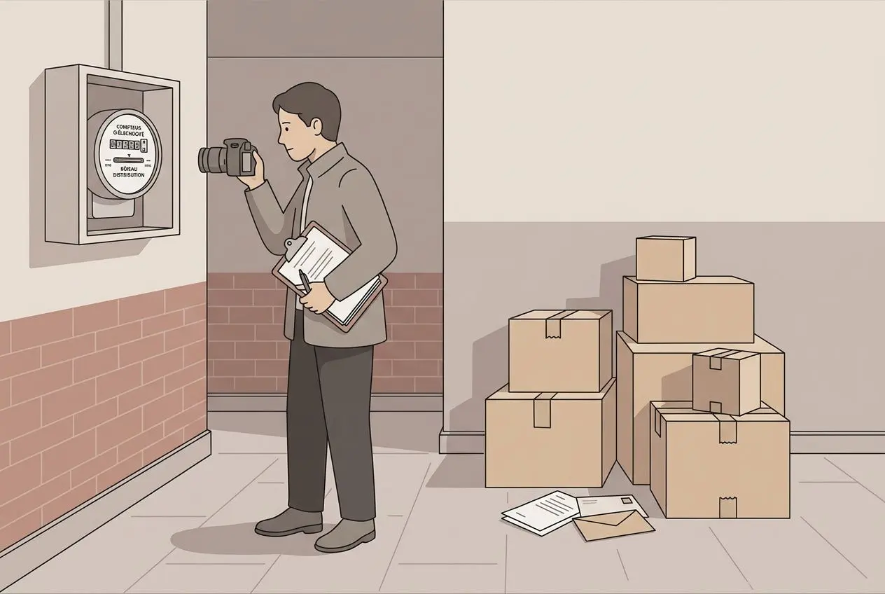 Homme avec appareil photo et documents devant une boîte aux lettres dans un couloir, entouré de cartons et de papiers de déménagement. Démarches administratives à ne pas oublier déménagement évoqué.