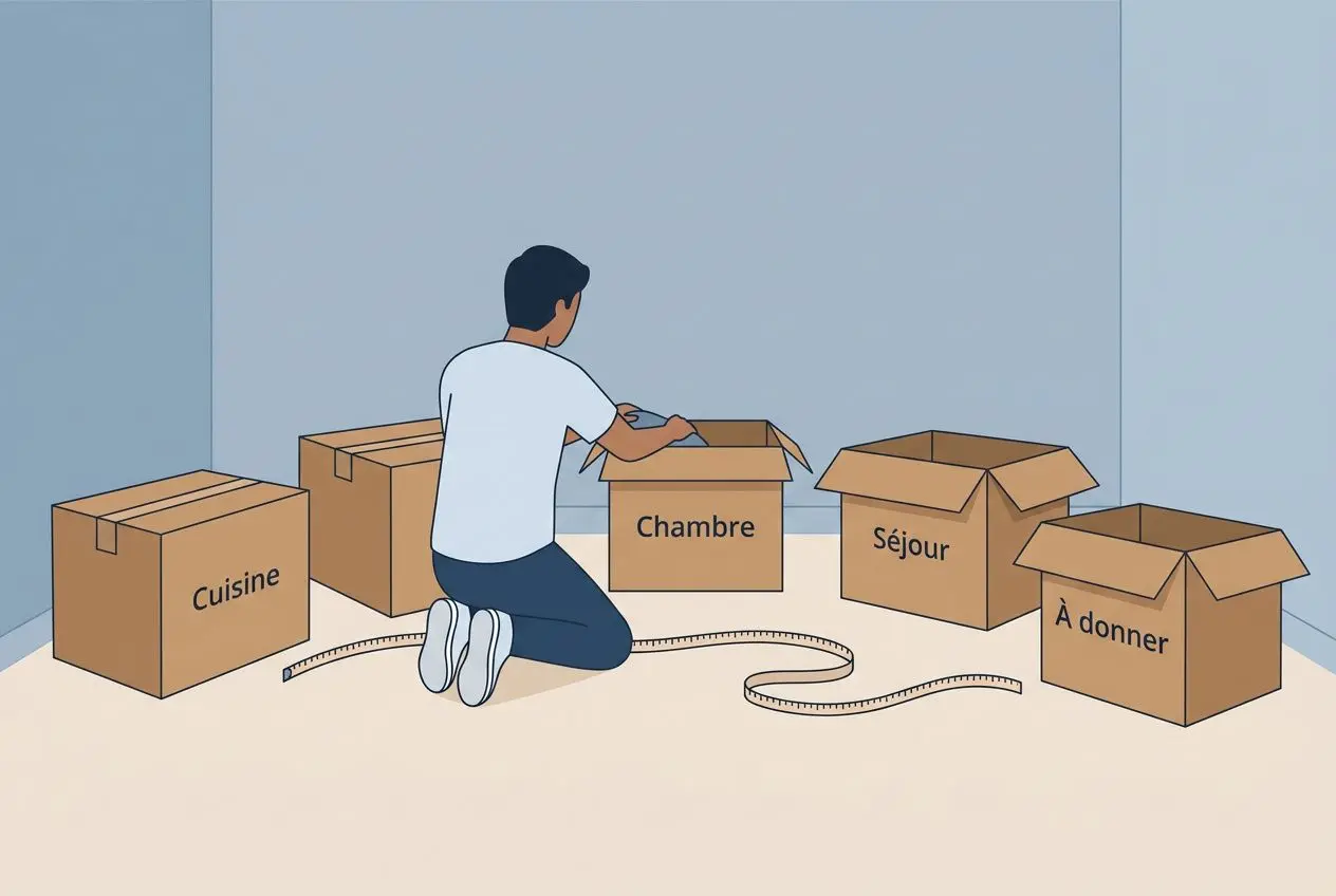 Personne assemble des cartons étiquetés “Cuisine”, “Chambre”, “Séjour” et “À donner” dans une pièce, avec un mètre ruban. comment bien organiser son déménagement en 1 mois