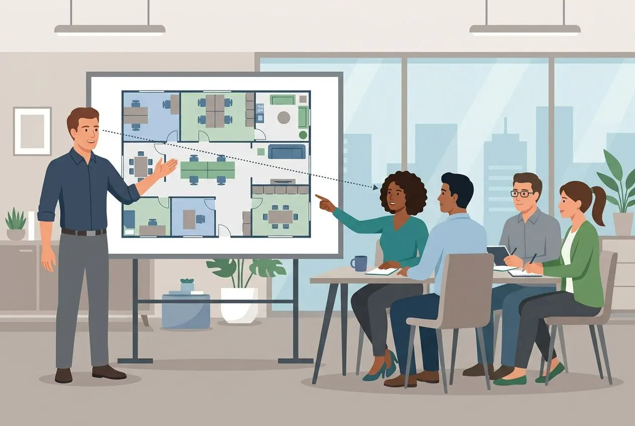 Plan de déménagement d’entreprise présenté à l’équipe, avec schéma sur tableau et échanges autour de la checklist déménagement entreprise.