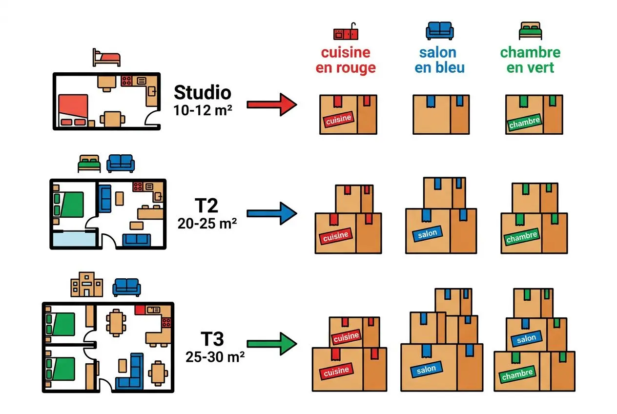 Plan déménagement: illustration de trois configurations d’appartements (Studio, T2, T3) avec circuits d’emplacements de cartons selon les pièces (cuisine en rouge, salon en bleu, chambre en vert).