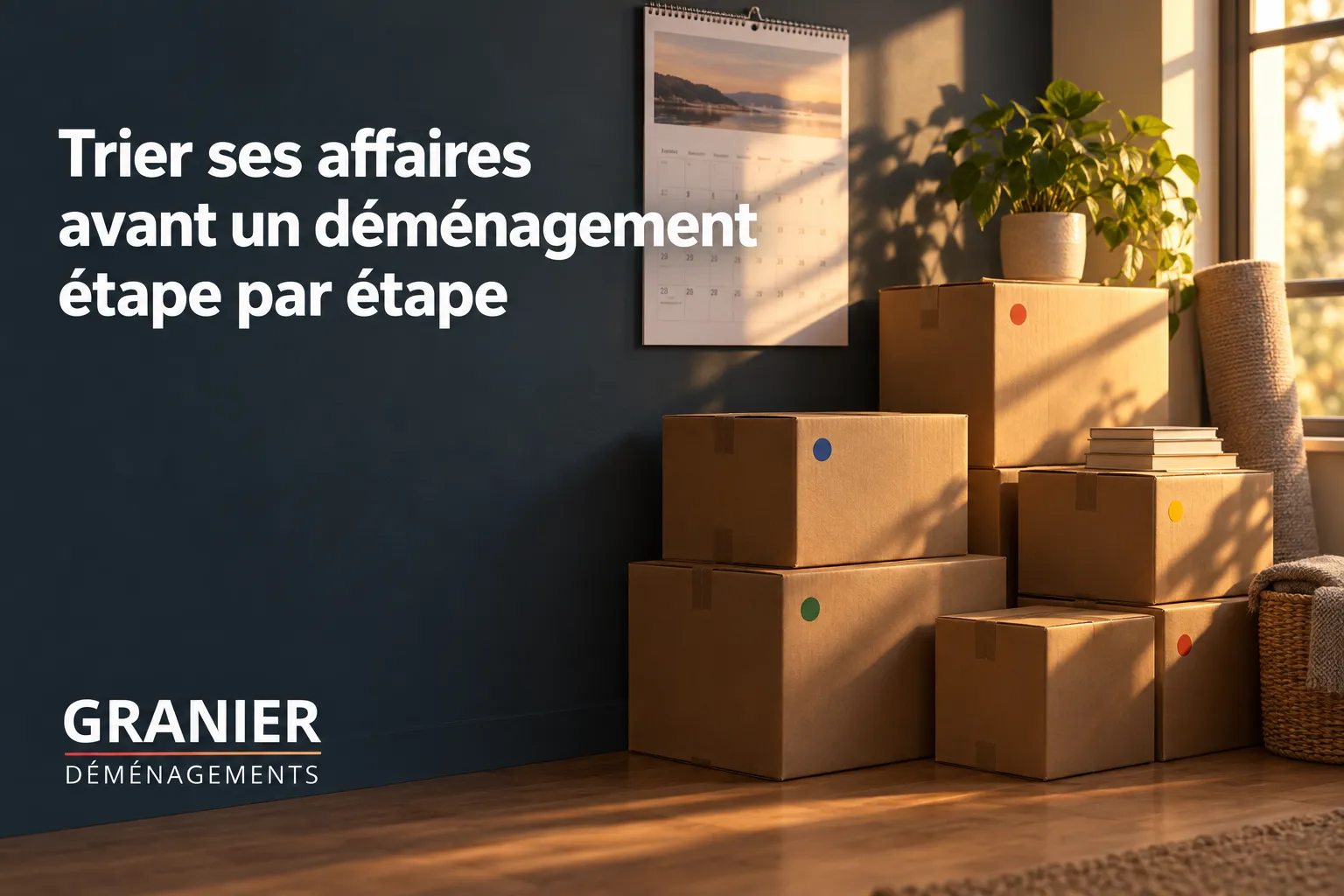 Des boîtes en carton empilées dans un espace intérieur près d’un mur sombre.