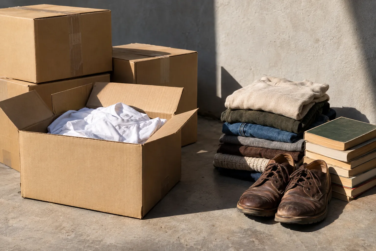 Boîtes en carton prêtes à trier, vêtements pliés, livres empilés et chaussures près d’un mur, tri avant déménagement.