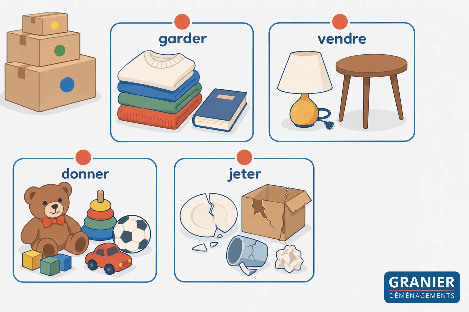 Boîtes empilées à côté et quatre cadres montrant garder des vêtements et livres, vendre une lampe et une table, donner des