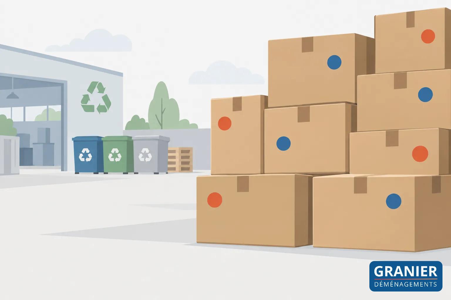 Des cartons empilés près d’un dépôt de tri avec des poubelles recyclage en arrière-plan.