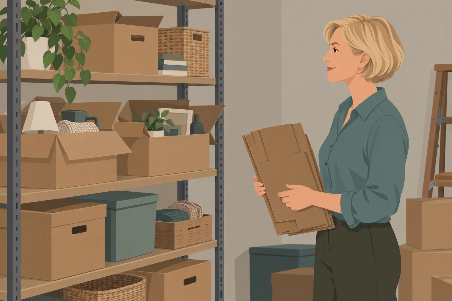 Femme devant une étagère remplie de cartons et boîtes, tenant des plaques en carton; plancher et ambiance de rangement/trier ses affaires avant déménagement.