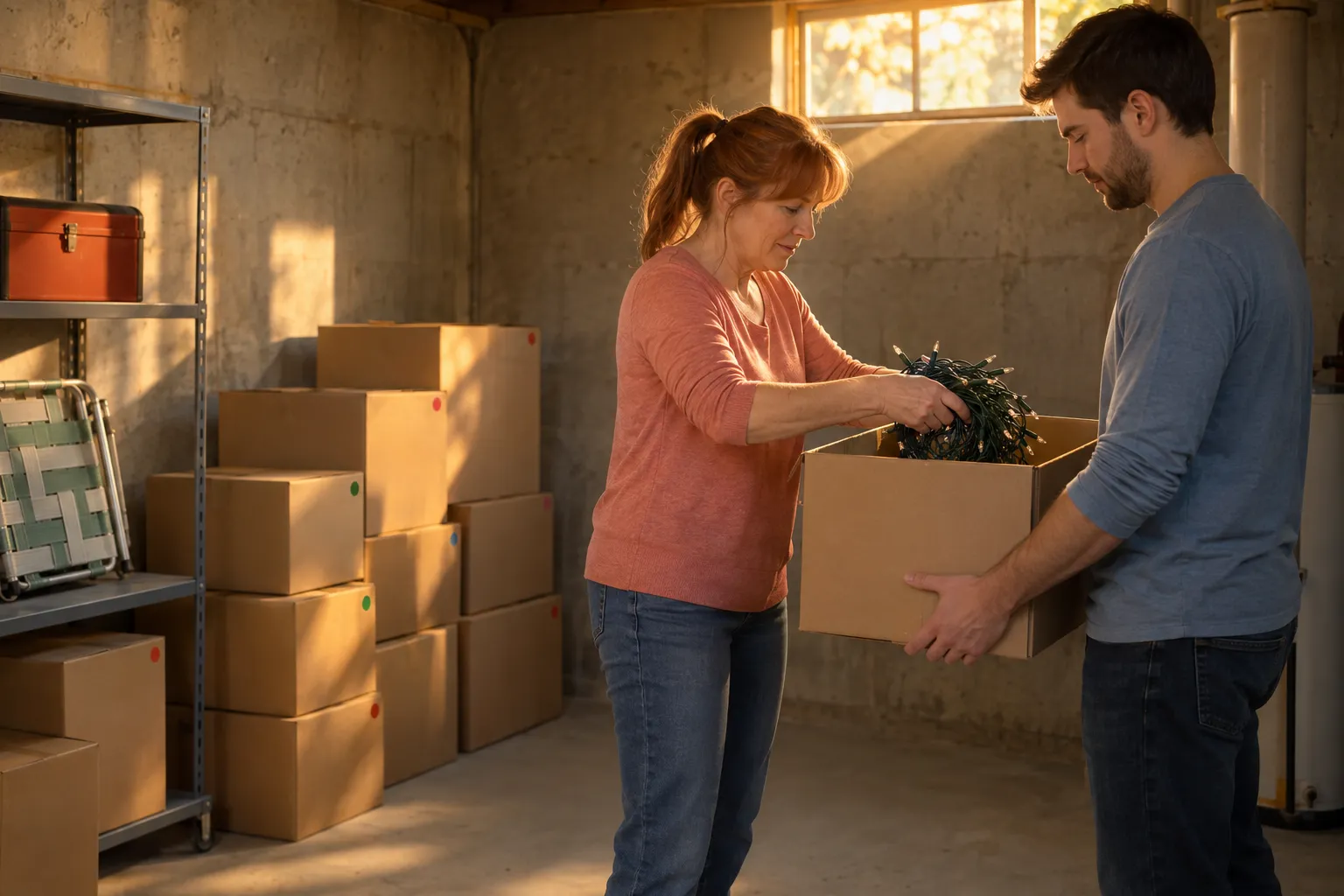 Un homme et une femme rangent des carton dans un garage, échangeant un carton contenant des objets.