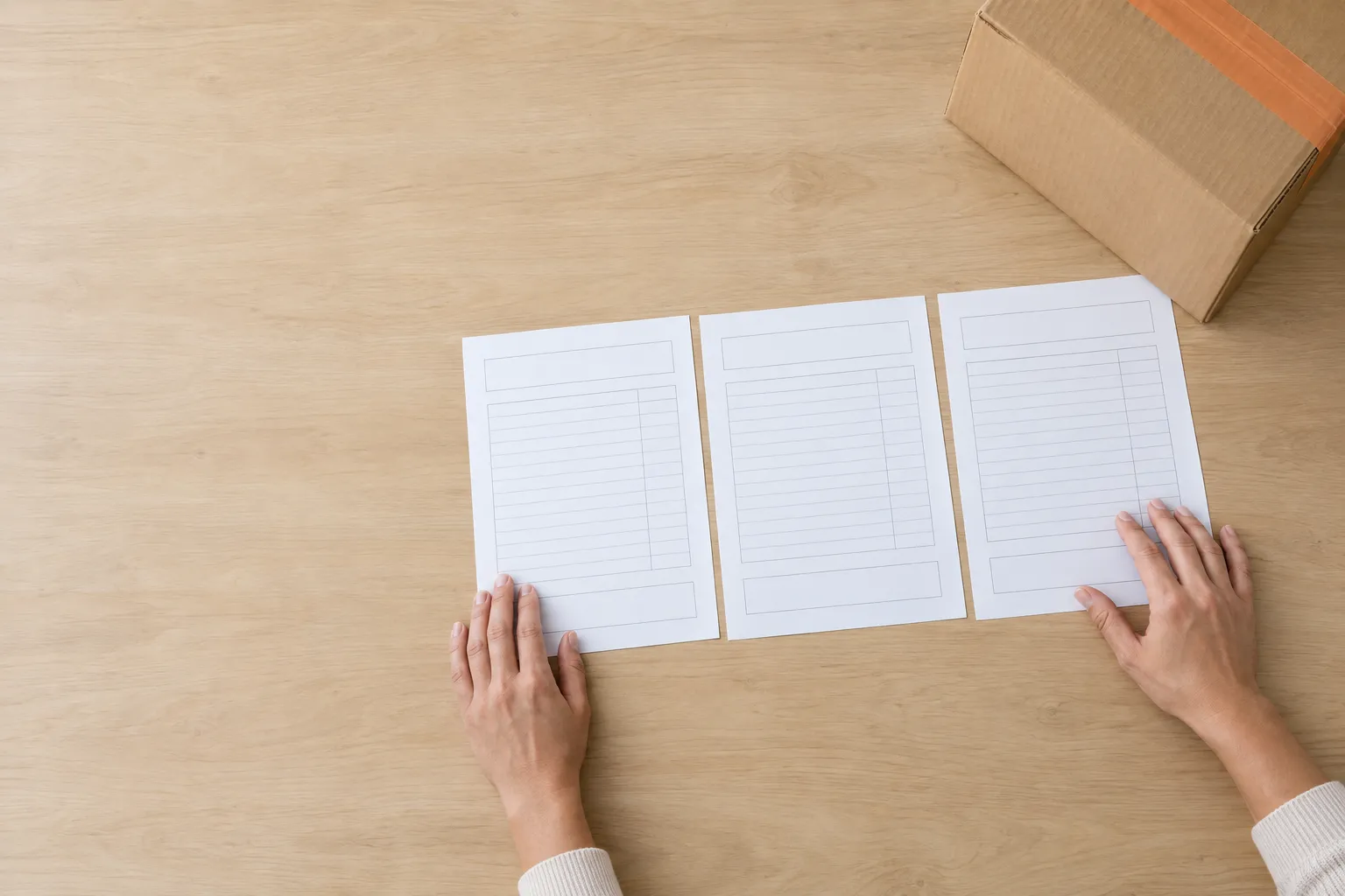 Deux mains posées sur des feuilles vierges disposées en trois volets près d’un colis en carton.