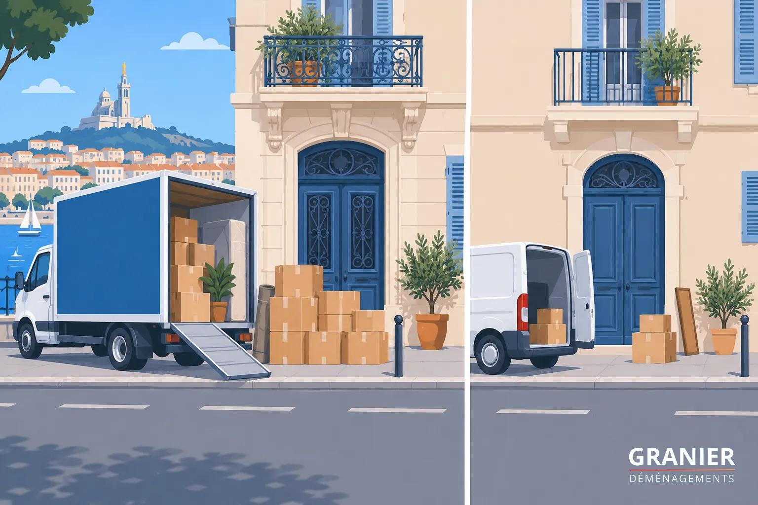 Deux véhicules de déménagement devant une façade de maison avec des boîtes en pile et des plantes.