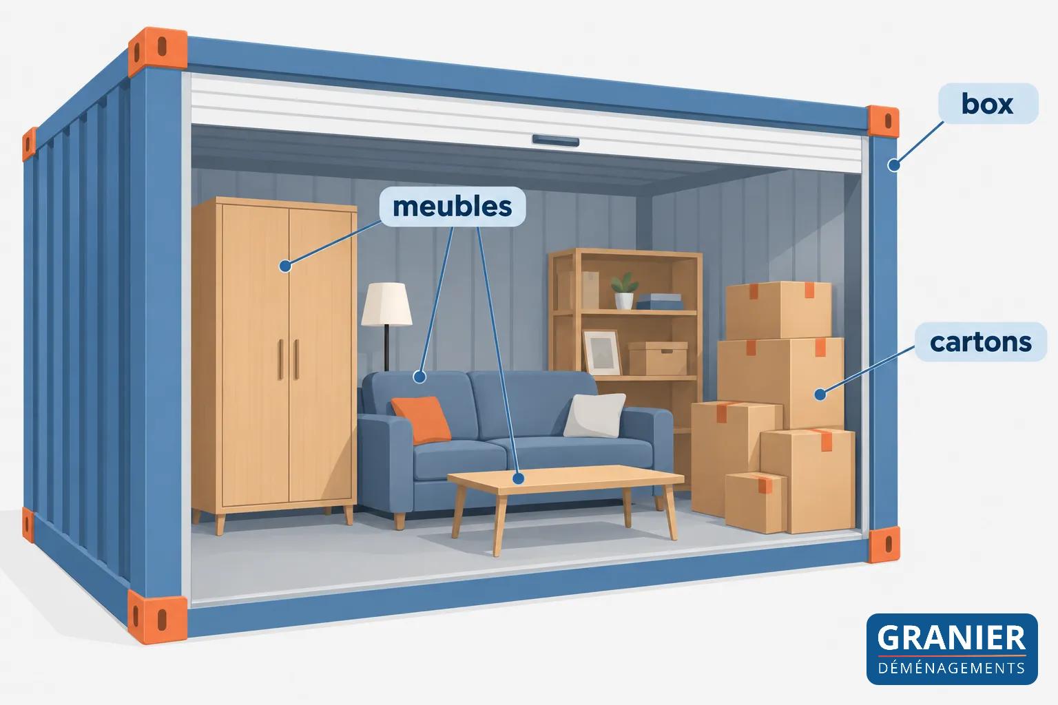 Intérieur d’un box de déménagement montrant des meubles, des cartons et un canapé dans un espace organisé.