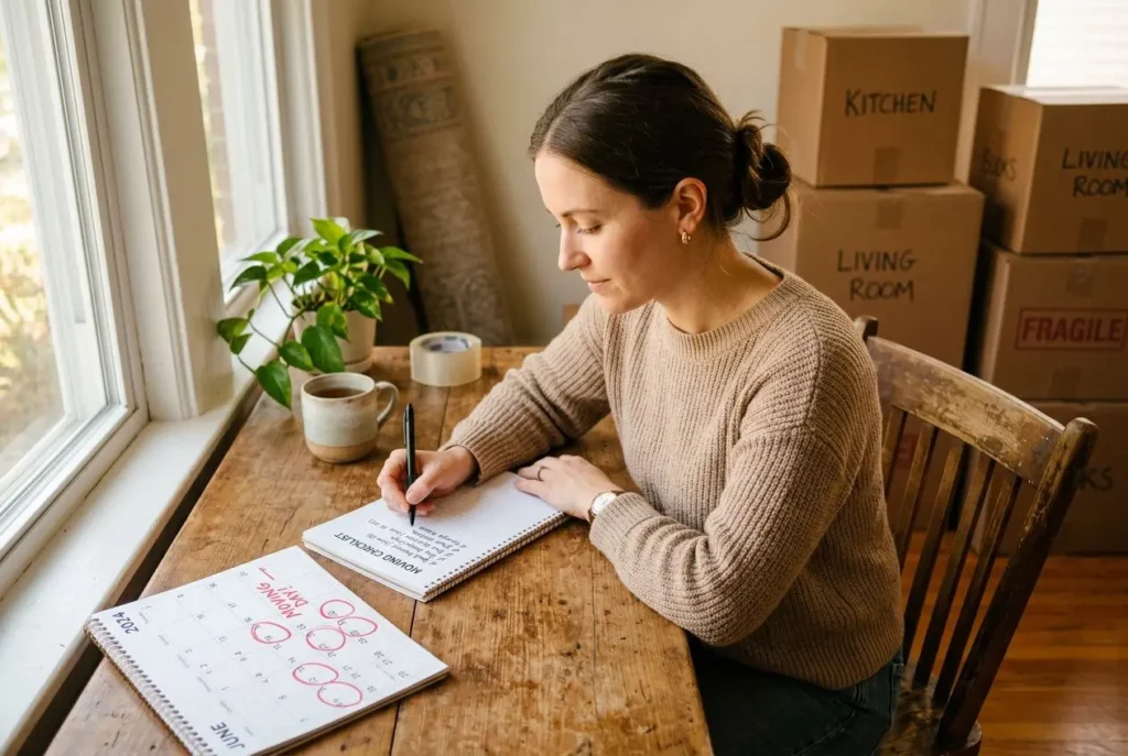 Femme écrivant dans un carnet sur une table en bois, près de fenêtres et de cartons étiquetés “Kitchen” et “Living Room”, planifiant un planning déménagement.