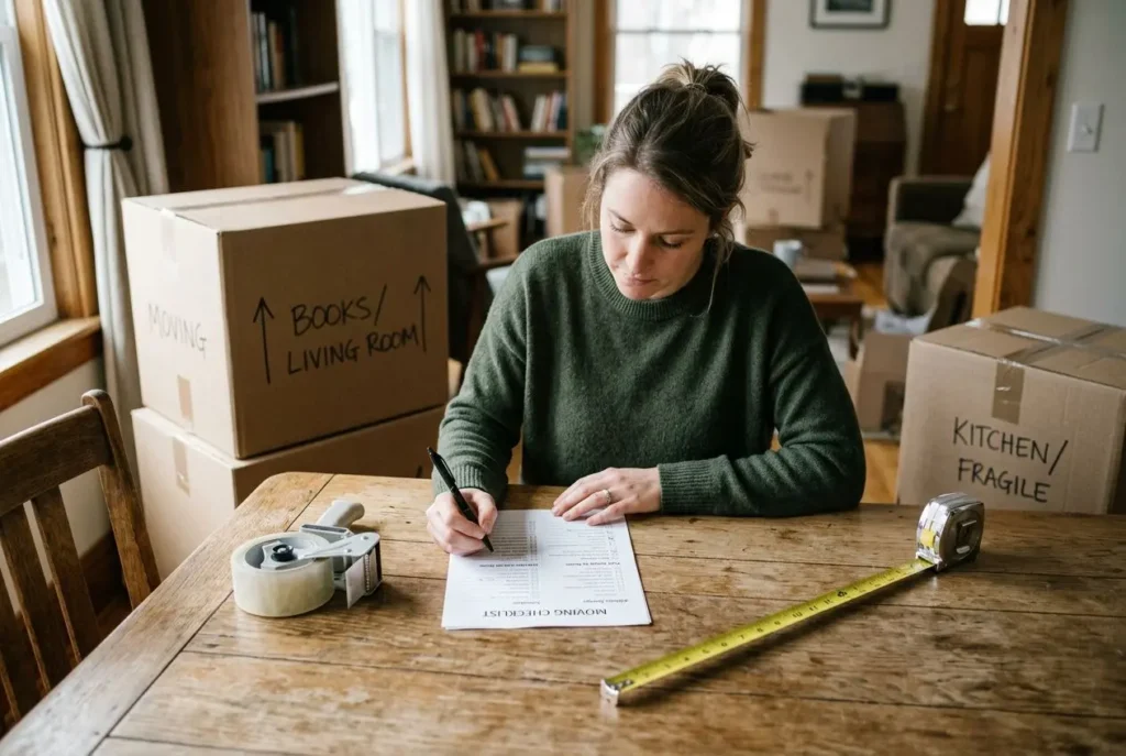 Personne écrivant sur une feuille, entourée de cartons d’emballage marqués « Books/Living room » et « Kitchen/Fragile », avec mètre ruban et ruban adhésif sur une table. Intègre le mot-clé: comment bien organiser son déménagement en 1 mois.