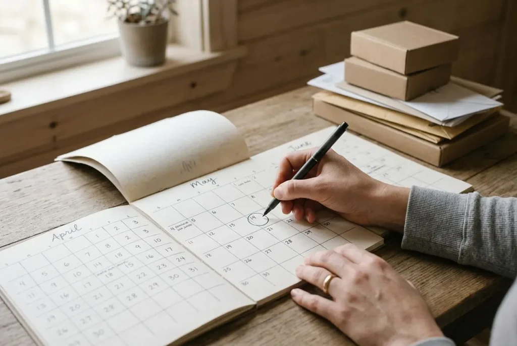 Planificateur avec dates et stylo, prêt à noter les démarches administratives à ne pas oublier déménagement. Packed boxes en arrière-plan.