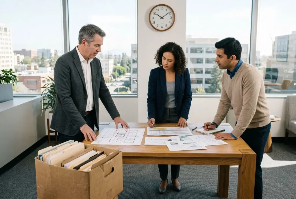 Trois professionnels discutant d’un plan de déménagement d’entreprise sur une table, avec des plans imprimés et une boîte de dossiers près.