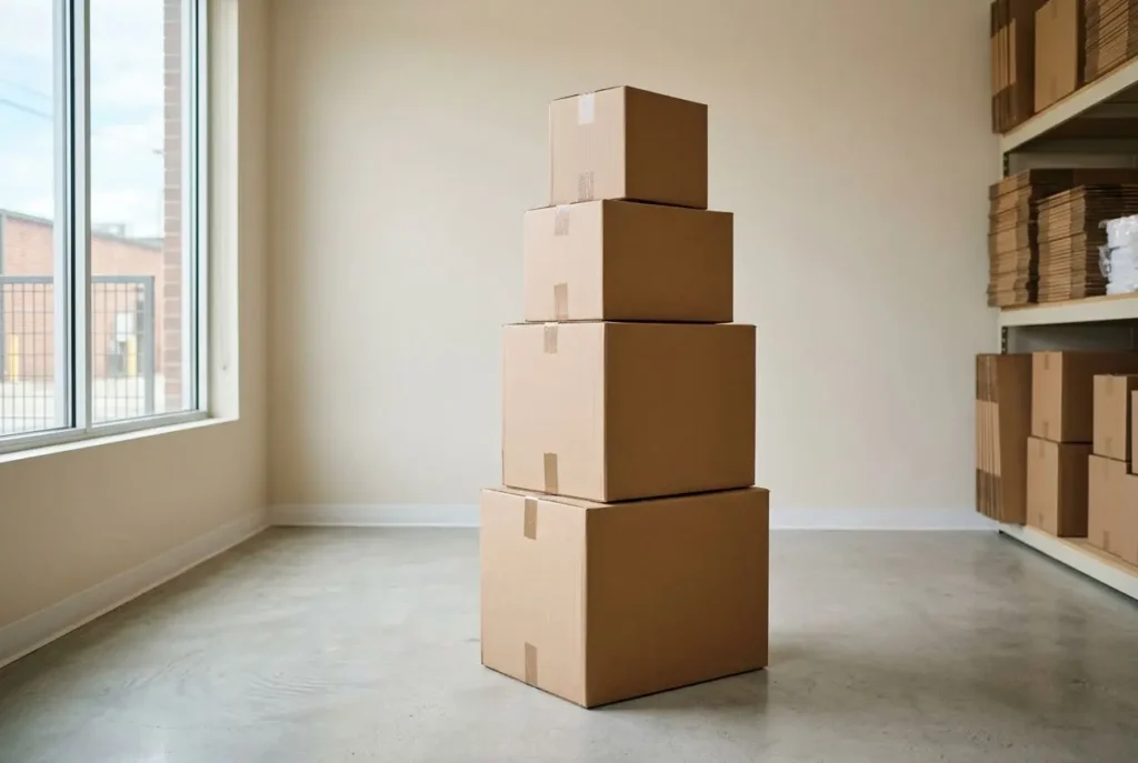 Quatre cartons de déménagement empilés dans un studio près d’une fenêtre, prêts à être utilisés. où acheter des cartons de déménagement