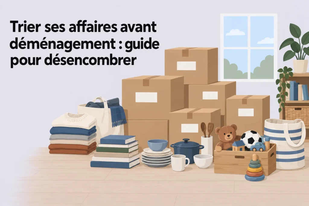 Tri des affaires avant déménagement: piles de cartons et objets à trier dans une pièce lumineuse, guide de désencombrement.