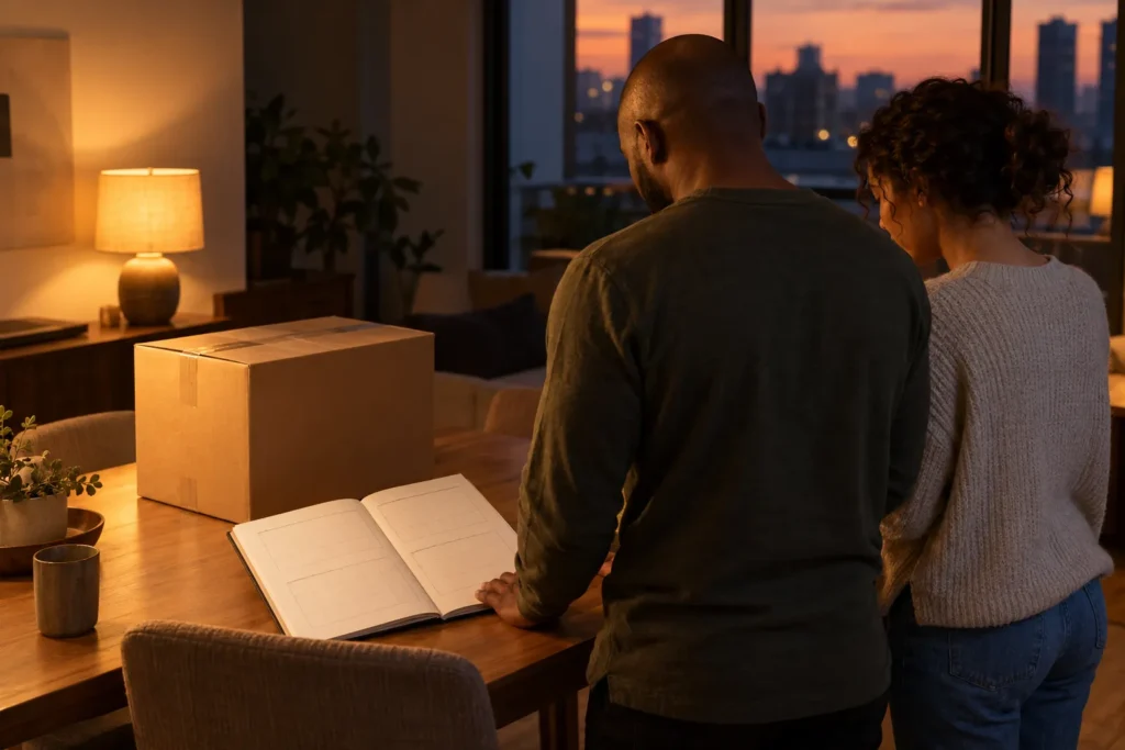 Un couple consulte un carnet ouvert sur une table près d’un colis et d’une lampe, avec un paysage urbain au coucher du
