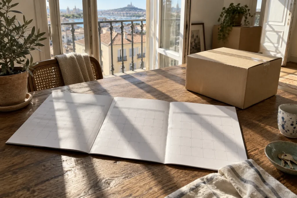 Une table en bois avec un carnet ouvert et une boîte en carton surmontée d’une fenêtre donnant sur une vue urbaine.